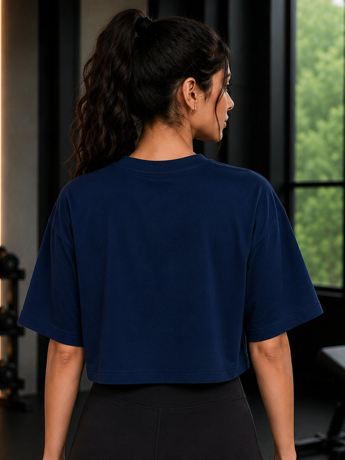 Oversized Pure Cotton Cropped T-Shirt | Drop Shoulder Graphic Printed Casual Tee (Navy Blue)