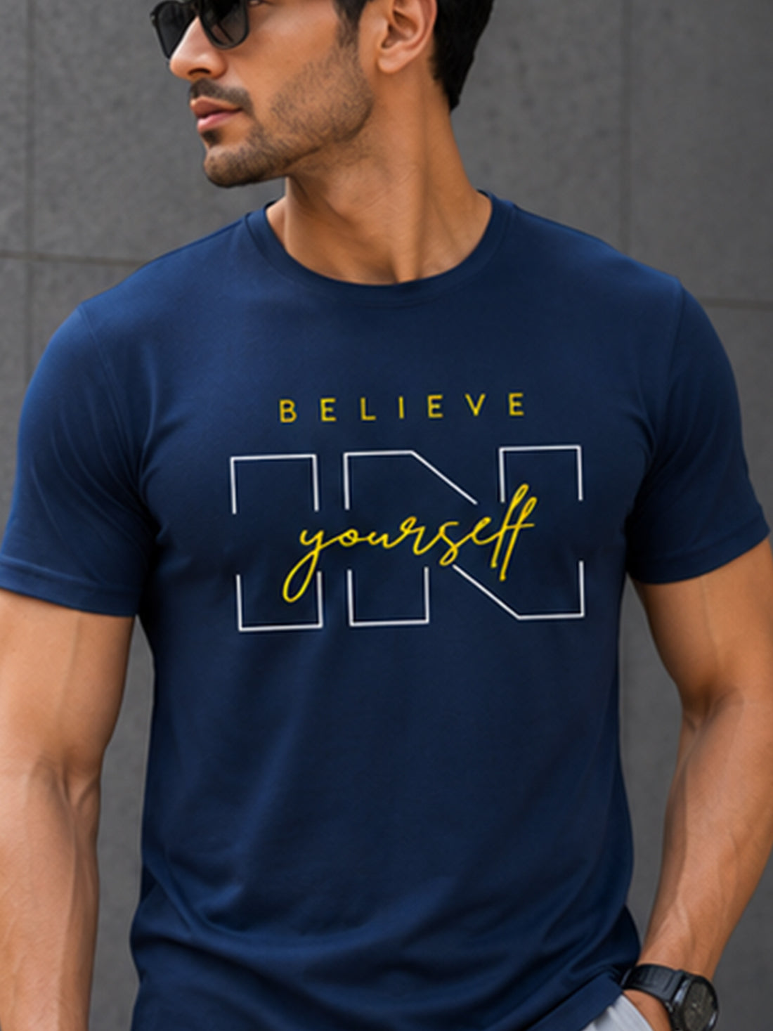 Men's Quick Dry Sports T-Shirt | Printed Gym Workout Running Training Activewear Tee (Navy Blue)