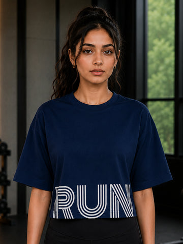 Oversized Pure Cotton Cropped T-Shirt | Drop Shoulder Graphic Printed Casual Tee (Navy Blue)