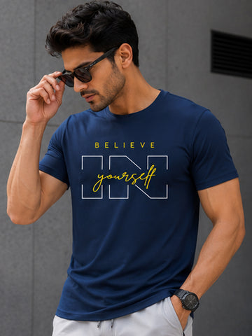 Men's Quick Dry Sports T-Shirt | Printed Gym Workout Running Training Activewear Tee (Navy Blue)