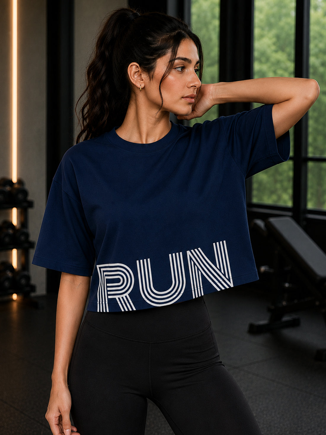 Oversized Pure Cotton Cropped T-Shirt | Drop Shoulder Graphic Printed Casual Tee (Navy Blue)