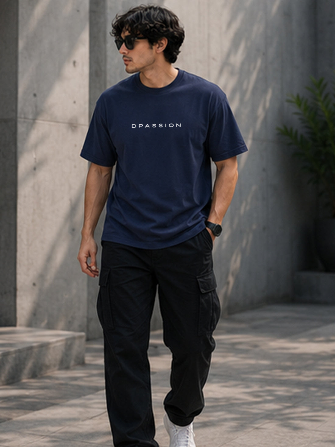 Men's Oversized Drop Shoulder T-Shirt | Pure Cotton Relaxed Fit Round Neck Streetwear Activewear Tee (Navy Blue)
