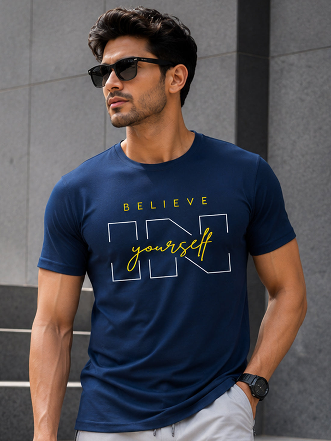 Men's Quick Dry Sports T-Shirt | Printed Gym Workout Running Training Activewear Tee (Navy Blue)