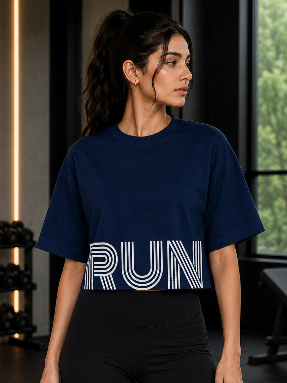 Oversized Pure Cotton Cropped T-Shirt | Drop Shoulder Graphic Printed Casual Tee (Navy Blue)