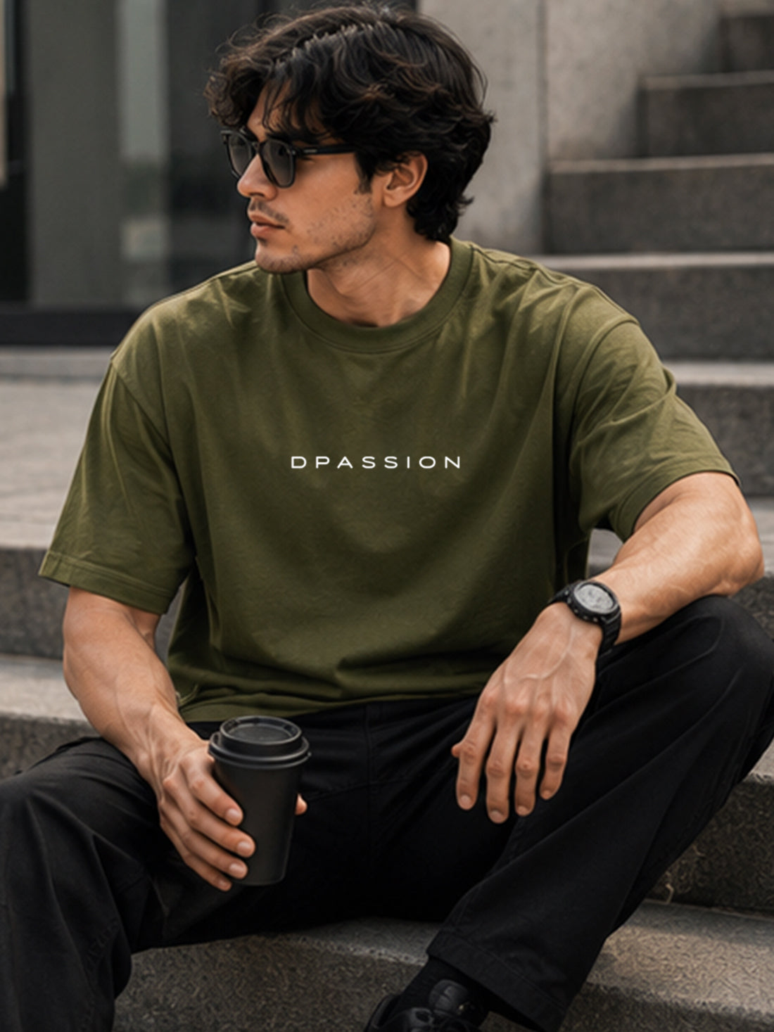 Men's Oversized Drop Shoulder T-Shirt | Pure Cotton Relaxed Fit Round Neck Streetwear Activewear Tee (Olive)