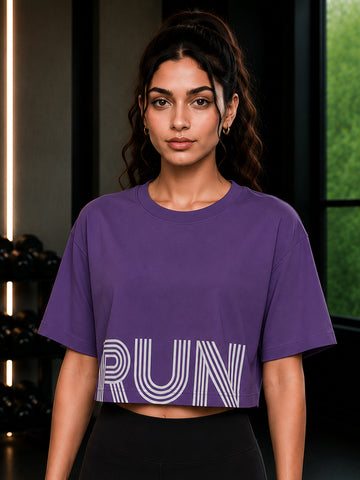 Oversized Pure Cotton Cropped T-Shirt | Drop Shoulder Graphic Printed Casual Tee (Purple)