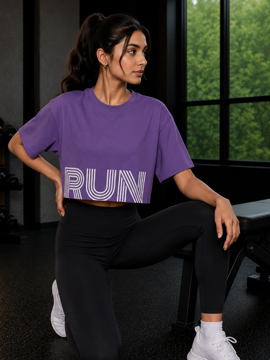 Oversized Pure Cotton Cropped T-Shirt | Drop Shoulder Graphic Printed Casual Tee (Purple)