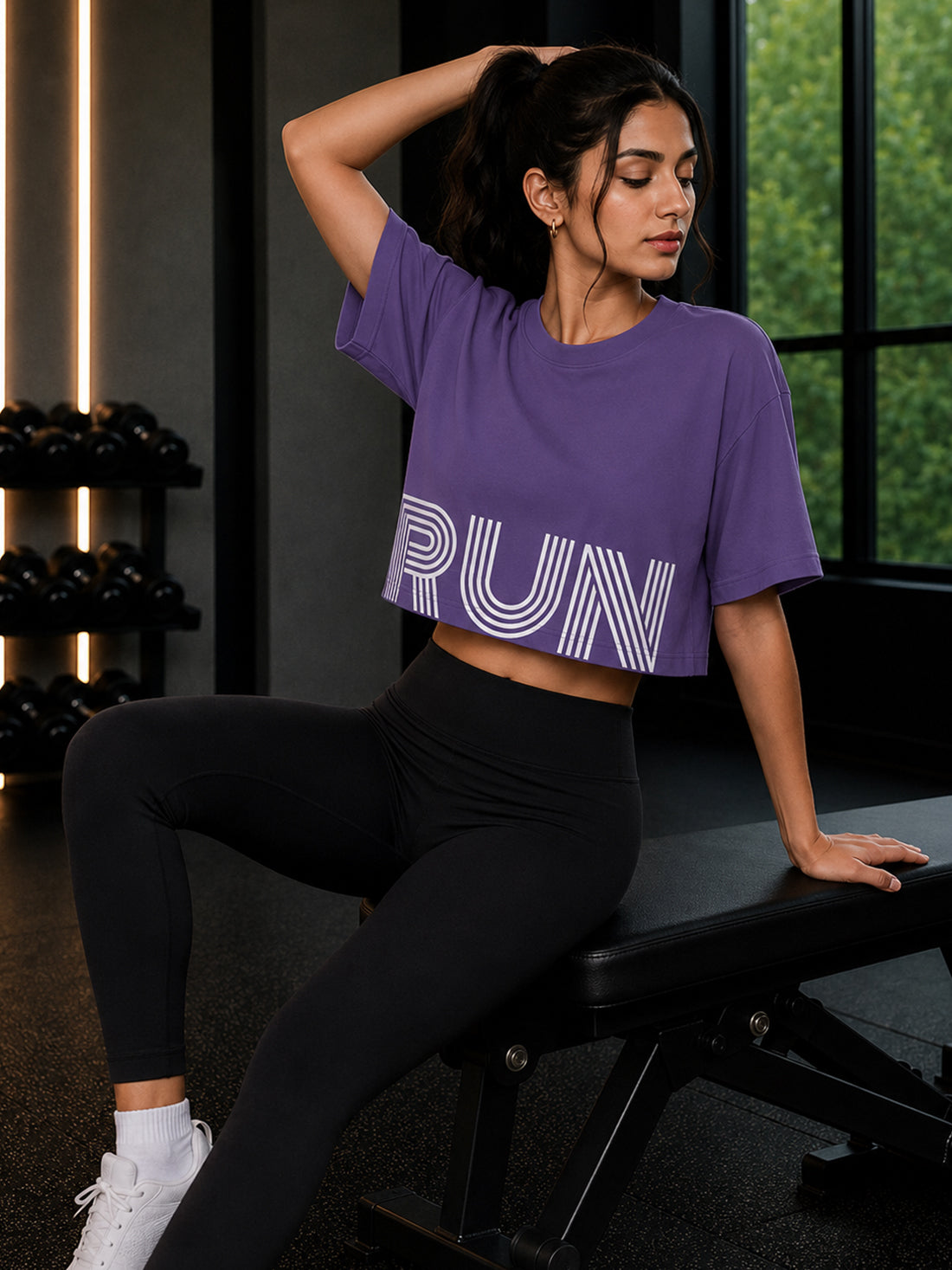 Oversized Pure Cotton Cropped T-Shirt | Drop Shoulder Graphic Printed Casual Tee (Purple)
