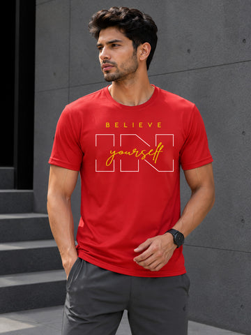 Men's Quick Dry Sports T-Shirt | Printed Gym Workout Running Training Activewear Tee (Red)