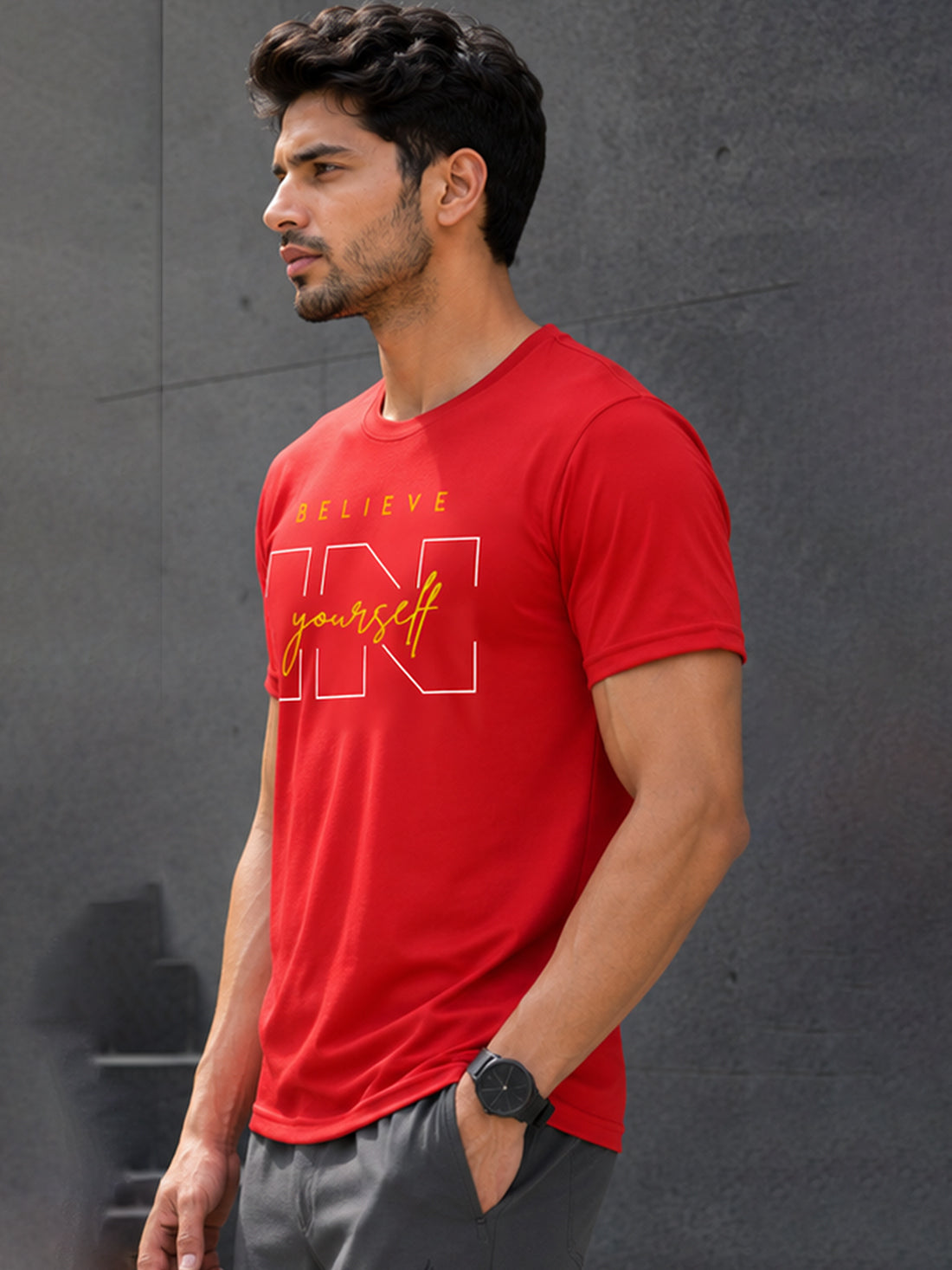 Men's Quick Dry Sports T-Shirt | Printed Gym Workout Running Training Activewear Tee (Red)