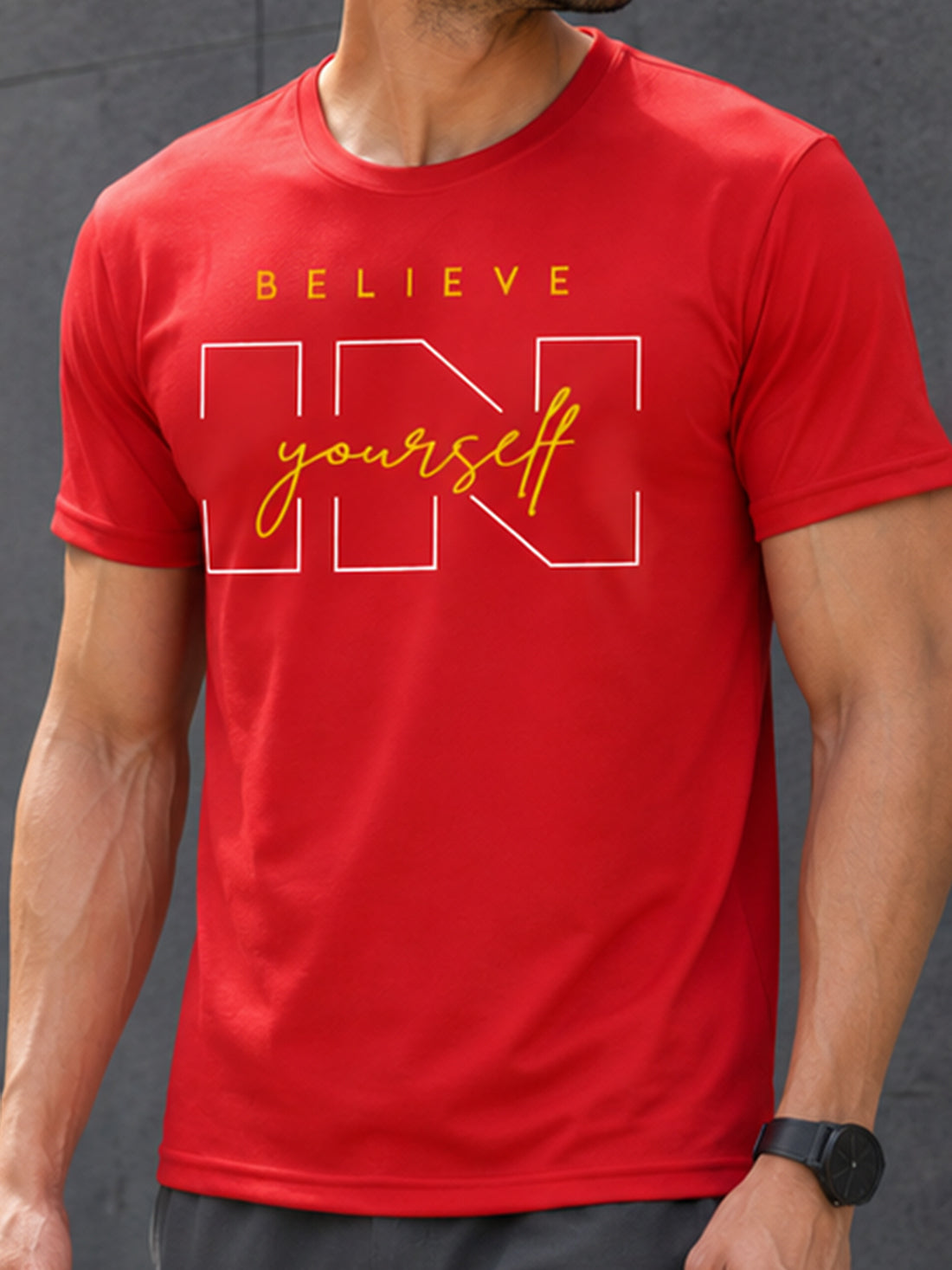 Men's Quick Dry Sports T-Shirt | Printed Gym Workout Running Training Activewear Tee (Red)