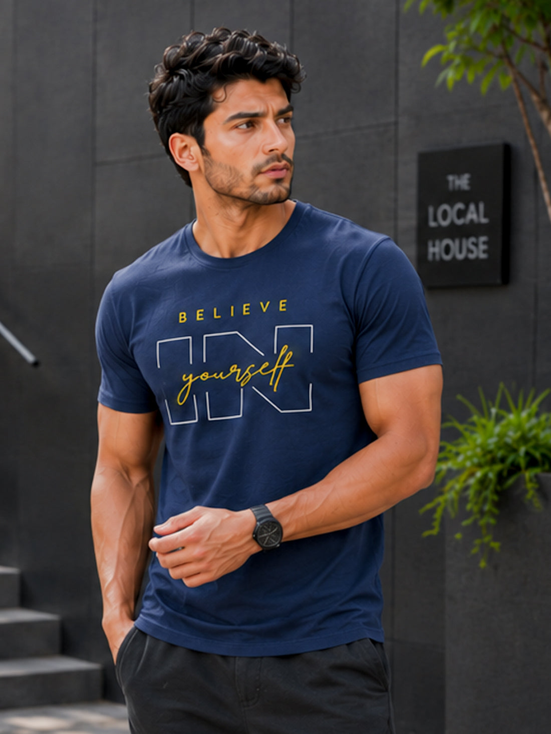 Men's Quick Dry Sports T-Shirt | Printed Gym Workout Running Training Activewear Tee (Blue)