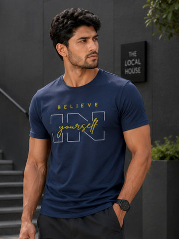 Men's Quick Dry Sports T-Shirt | Printed Gym Workout Running Training Activewear Tee (Blue)