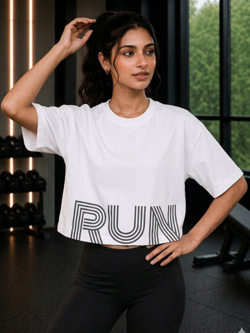 Oversized Pure Cotton Cropped T-Shirt | Drop Shoulder Graphic Printed Casual Tee (white)