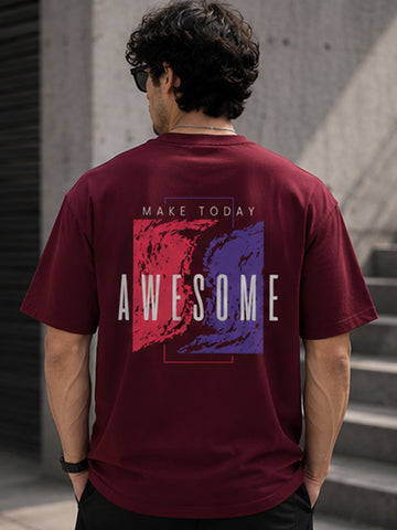 Men's Oversized Drop Shoulder T-Shirt | Pure Cotton Relaxed Fit Round Neck Streetwear Activewear Tee (Wine)