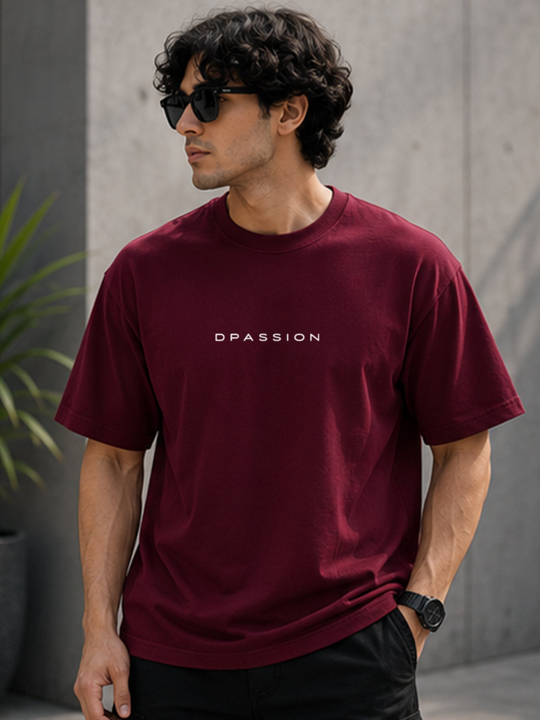 Men's Oversized Drop Shoulder T-Shirt | Pure Cotton Relaxed Fit Round Neck Streetwear Activewear Tee (Wine)