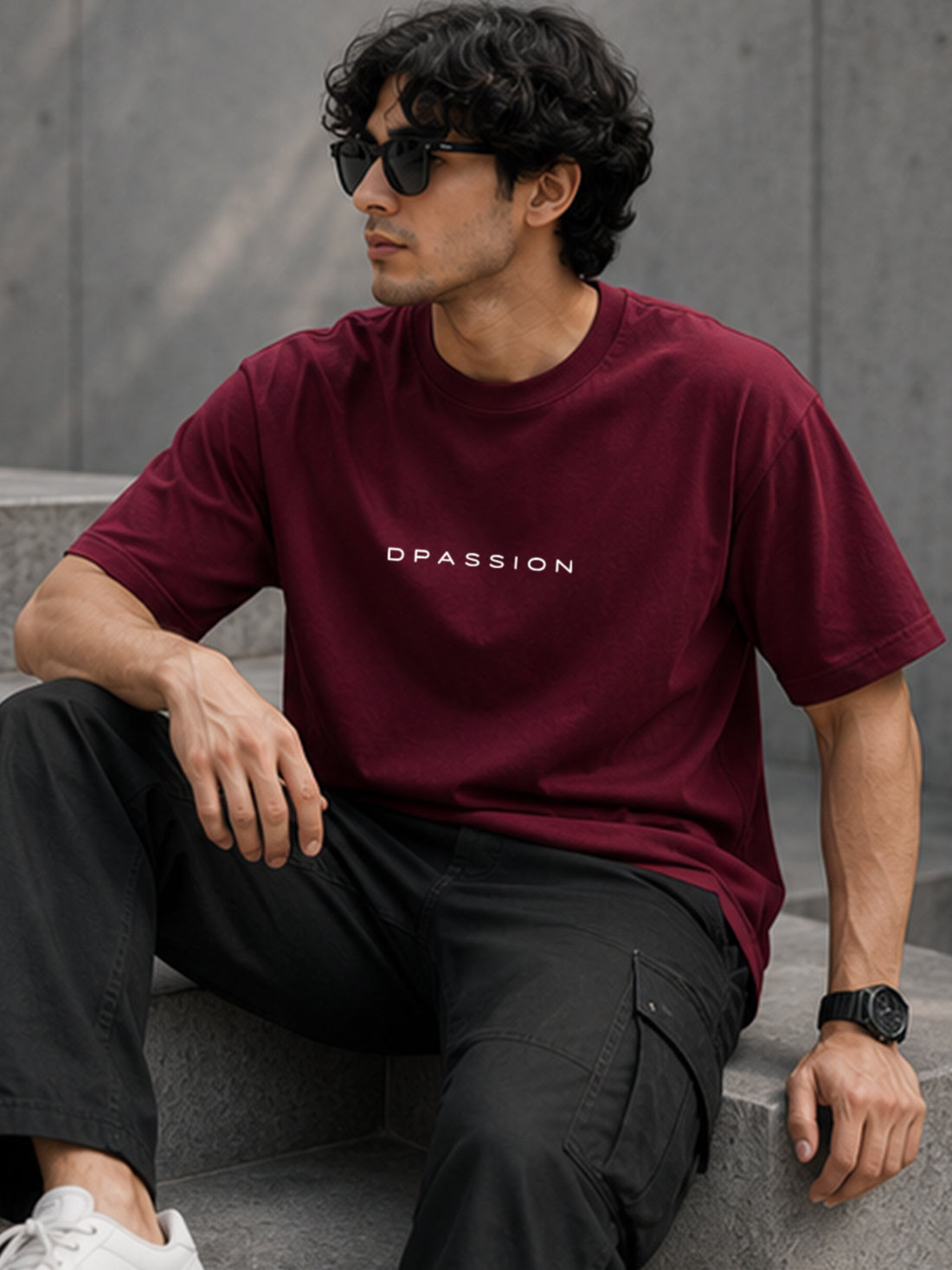 Men's Oversized Drop Shoulder T-Shirt | Pure Cotton Relaxed Fit Round Neck Streetwear Activewear Tee (Wine)