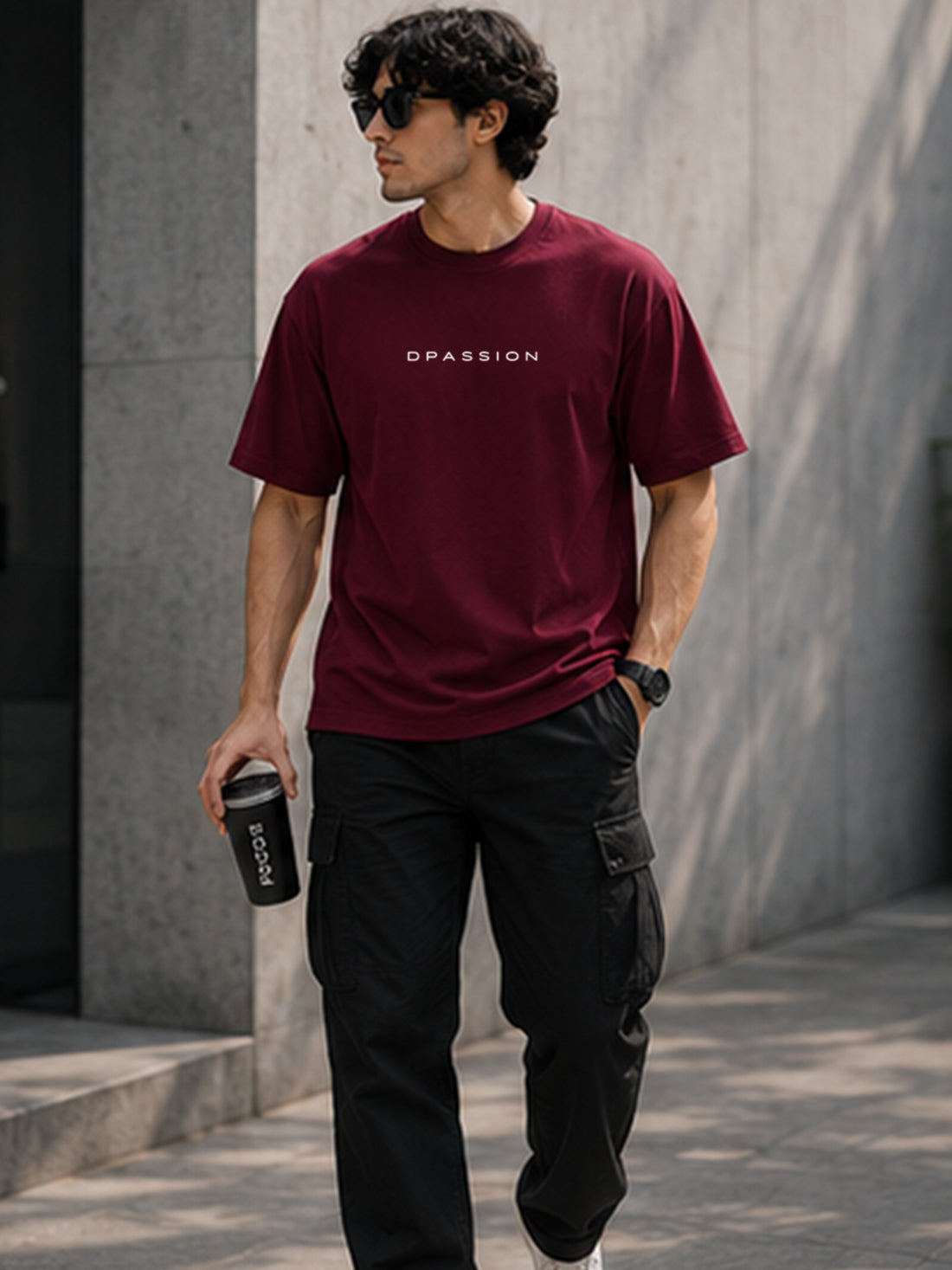 Men's Oversized Drop Shoulder T-Shirt | Pure Cotton Relaxed Fit Round Neck Streetwear Activewear Tee (Wine)