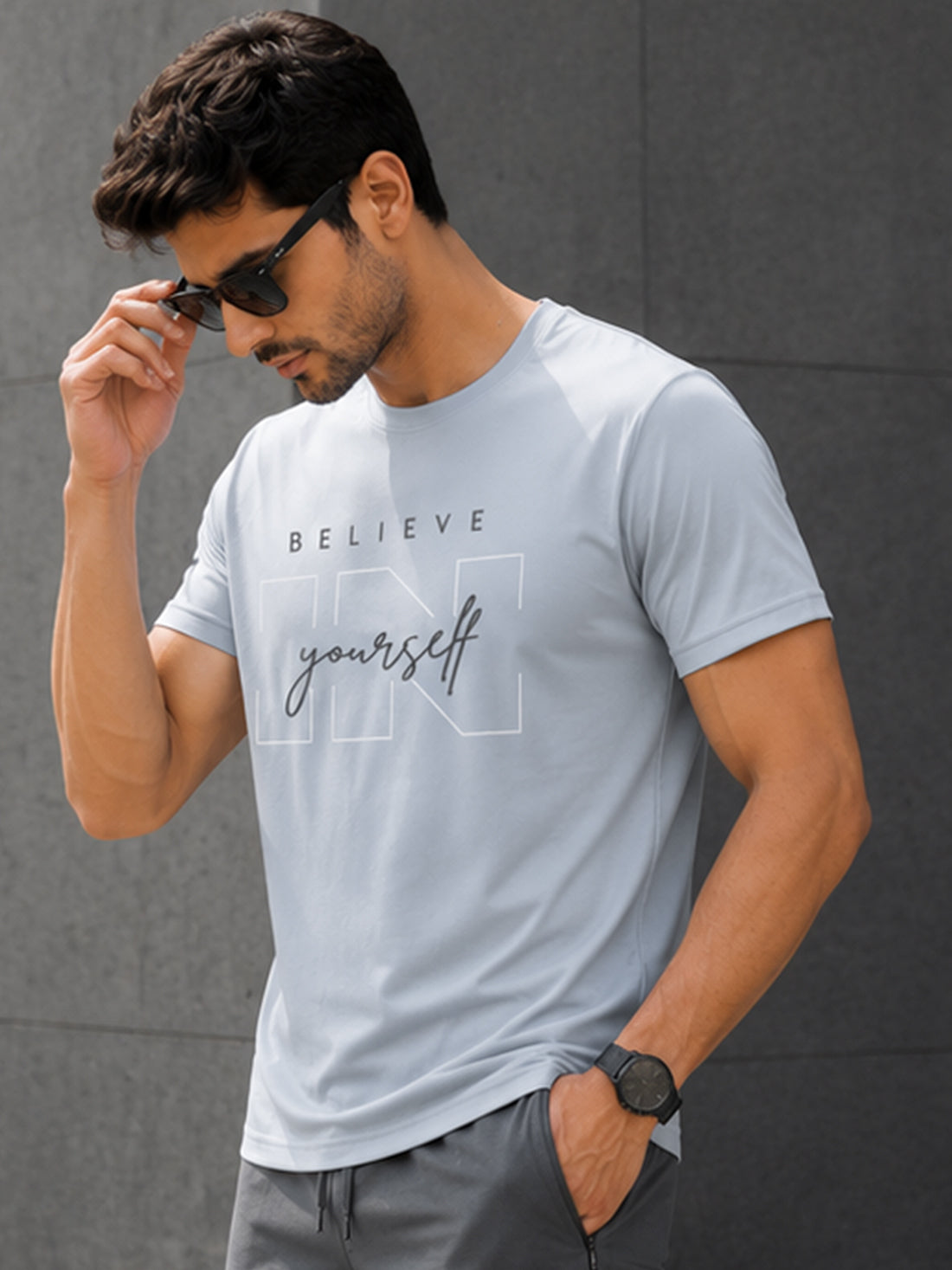Men's Quick Dry Sports T-Shirt | Printed Gym Workout Running Training Activewear Tee (Silver)