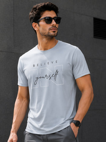 Men's Quick Dry Sports T-Shirt | Printed Gym Workout Running Training Activewear Tee (Silver)