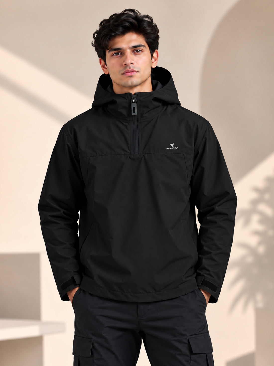 Men’s Black Hooded Windcheater Jacket with Mesh Lining