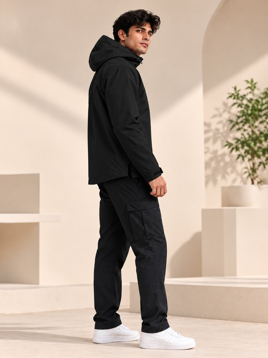Men’s Black Hooded Windcheater Jacket with Mesh Lining