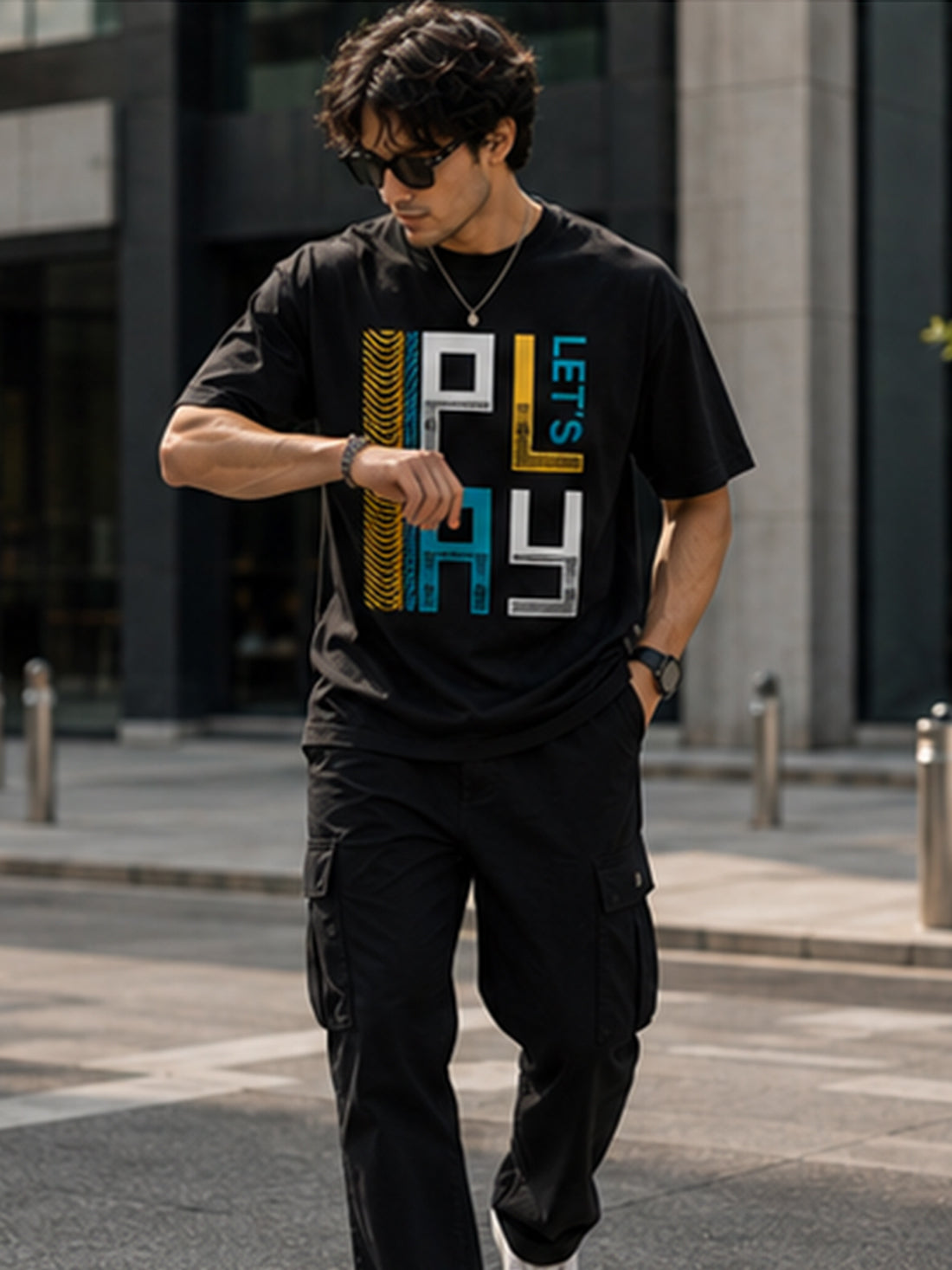 Men's Oversized Drop Shoulder T-Shirt | Pure Cotton Relaxed Fit Round Neck Streetwear Pullover Tee (Black)