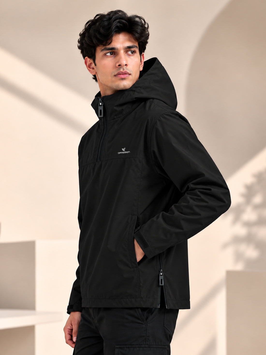 Men’s Black Hooded Windcheater Jacket with Mesh Lining