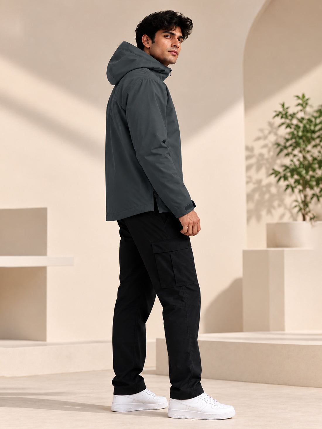 Men’s Black Hooded Windcheater Jacket with Mesh Lining