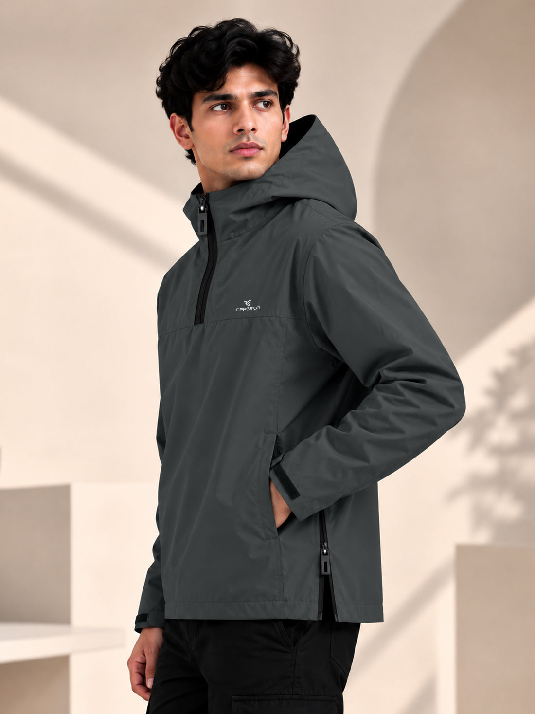 Men’s Black Hooded Windcheater Jacket with Mesh Lining
