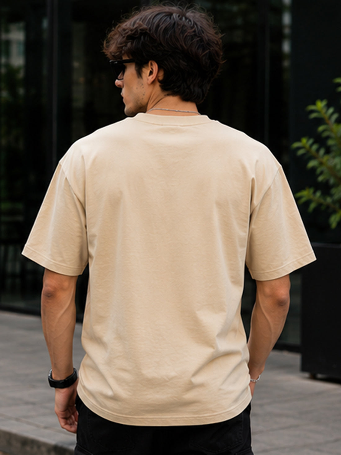 Men's Oversized Drop Shoulder T-Shirt | Pure Cotton Relaxed Fit Round Neck Streetwear Pullover Tee (Beige)