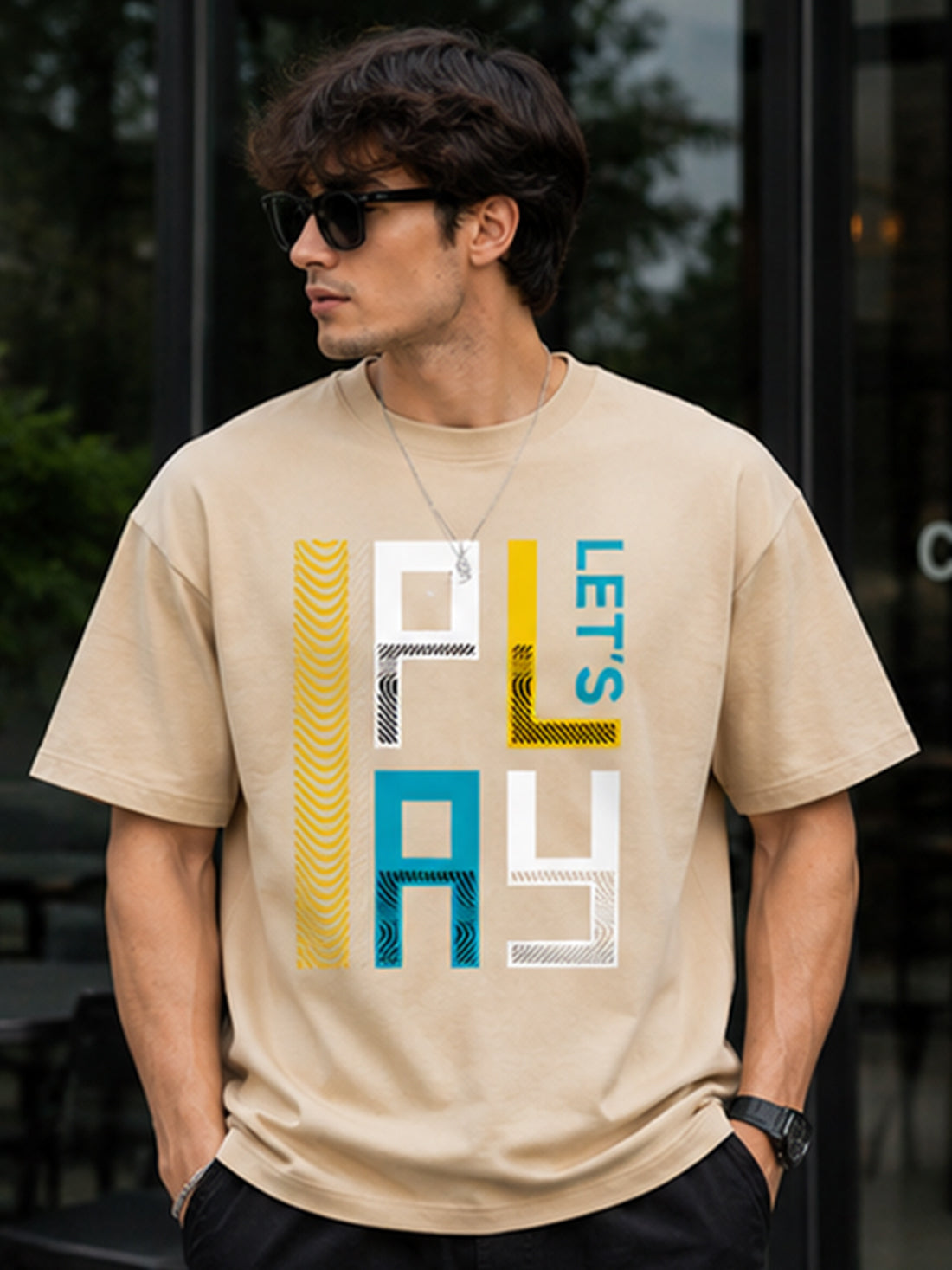 Men's Oversized Drop Shoulder T-Shirt | Pure Cotton Relaxed Fit Round Neck Streetwear Pullover Tee (Beige)