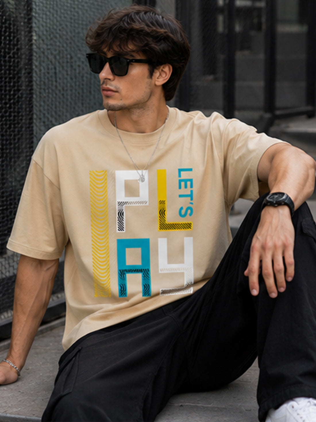 Men's Oversized Drop Shoulder T-Shirt | Pure Cotton Relaxed Fit Round Neck Streetwear Pullover Tee (Beige)