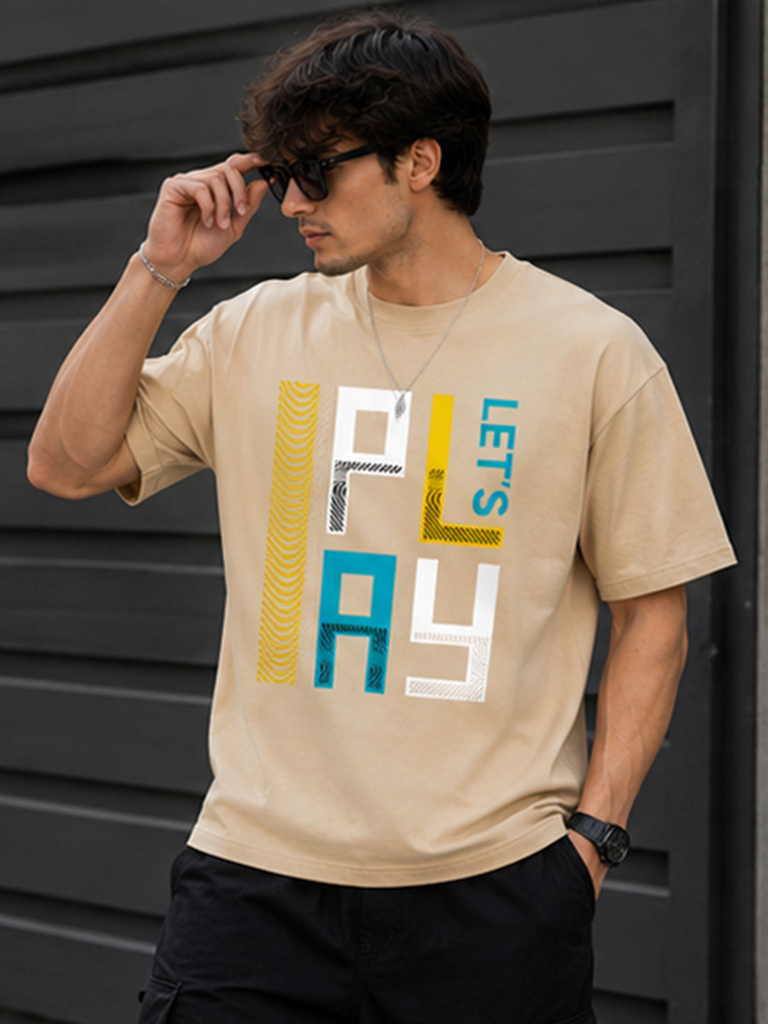 Men's Oversized Drop Shoulder T-Shirt | Pure Cotton Relaxed Fit Round Neck Streetwear Pullover Tee (Beige)