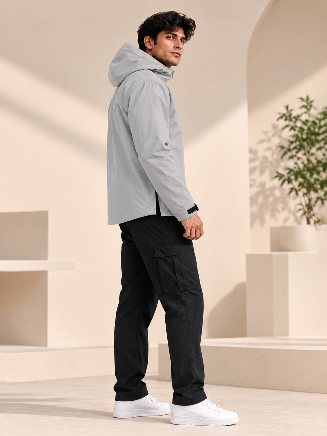Men’s Black Hooded Windcheater Jacket with Mesh Lining