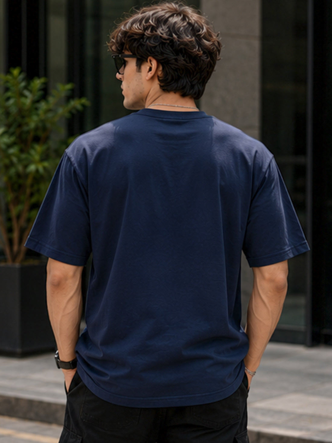 Men's Oversized Drop Shoulder T-Shirt | Pure Cotton Relaxed Fit Round Neck Streetwear Pullover Tee (Navy Blue)