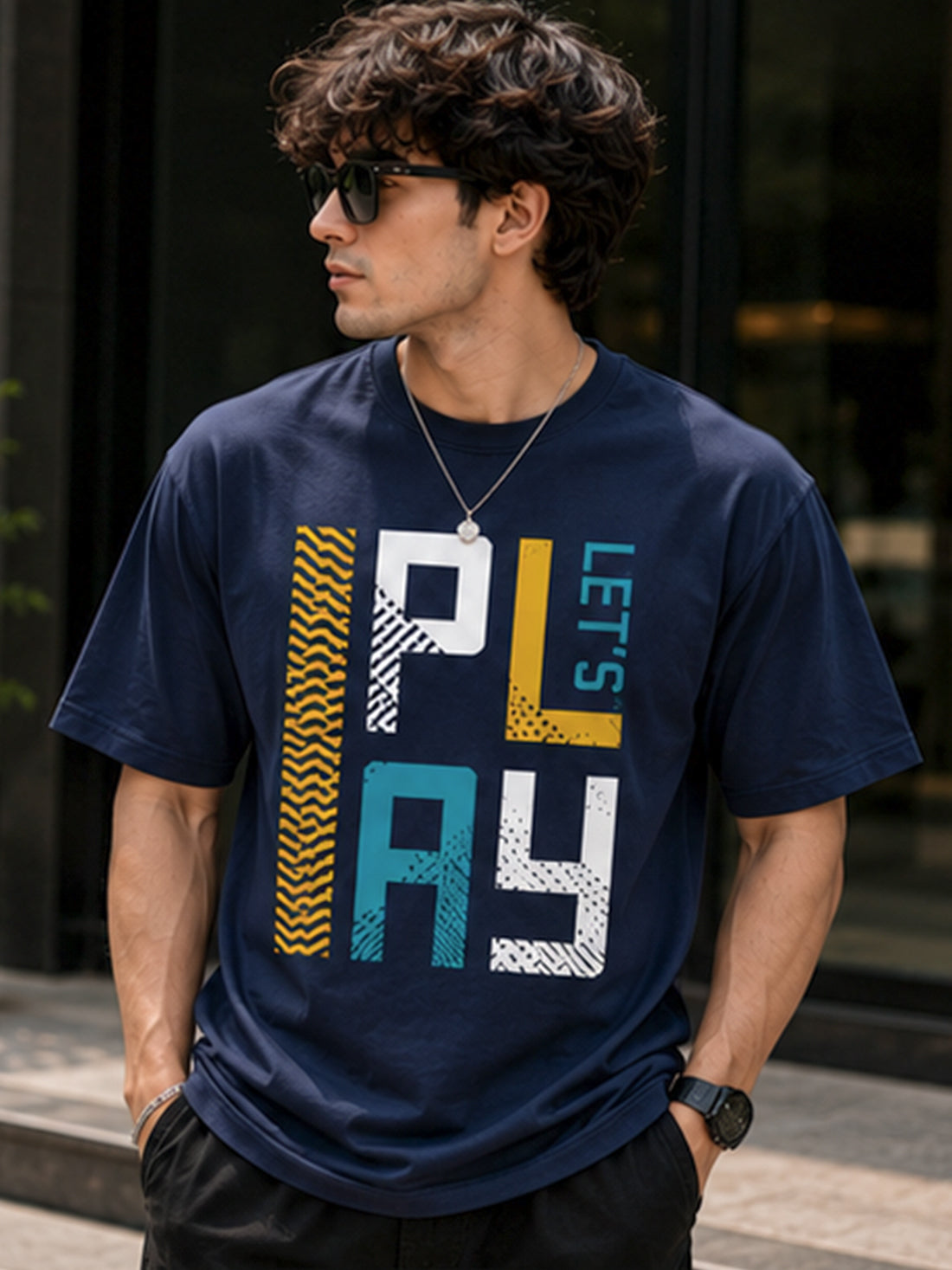Men's Oversized Drop Shoulder T-Shirt | Pure Cotton Relaxed Fit Round Neck Streetwear Pullover Tee (Navy Blue)