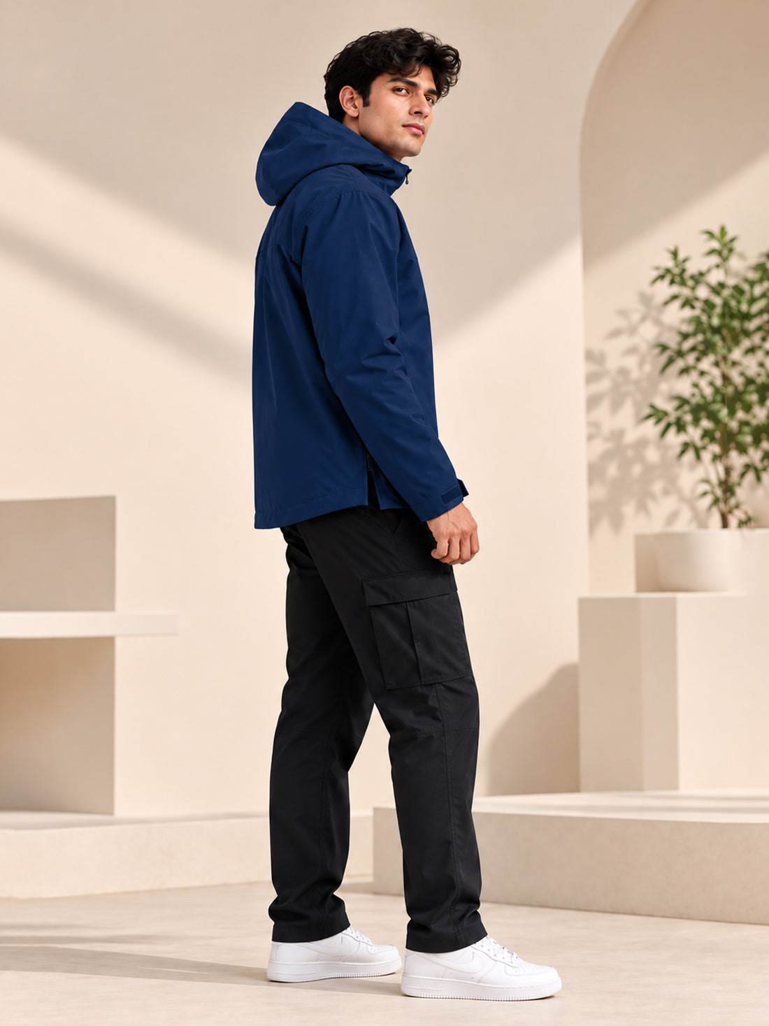 Men’s Black Hooded Windcheater Jacket with Mesh Lining