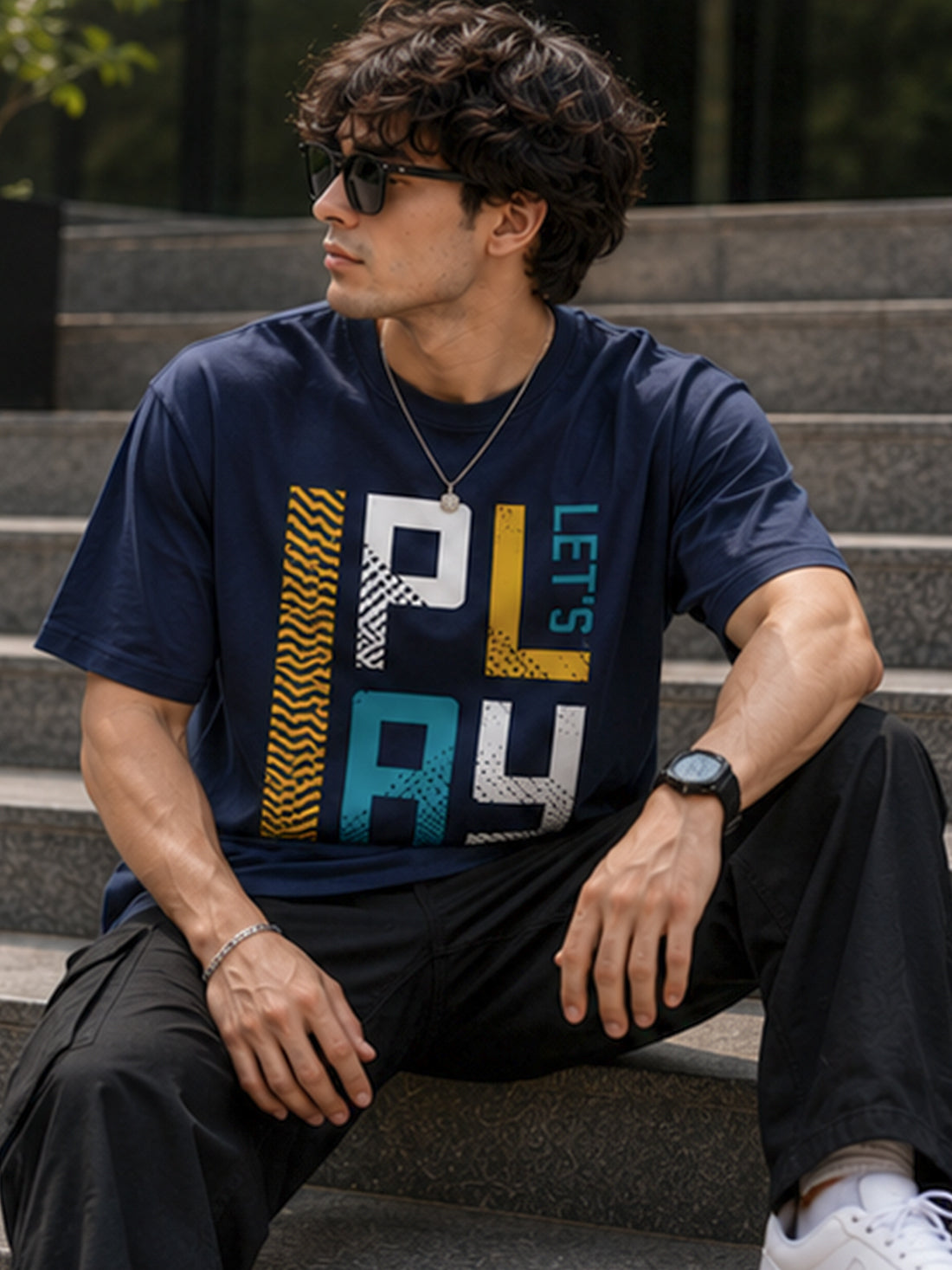 Men's Oversized Drop Shoulder T-Shirt | Pure Cotton Relaxed Fit Round Neck Streetwear Pullover Tee (Navy Blue)