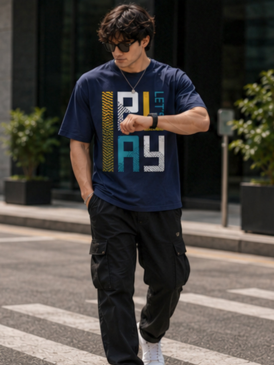Men's Oversized Drop Shoulder T-Shirt | Pure Cotton Relaxed Fit Round Neck Streetwear Pullover Tee (Navy Blue)