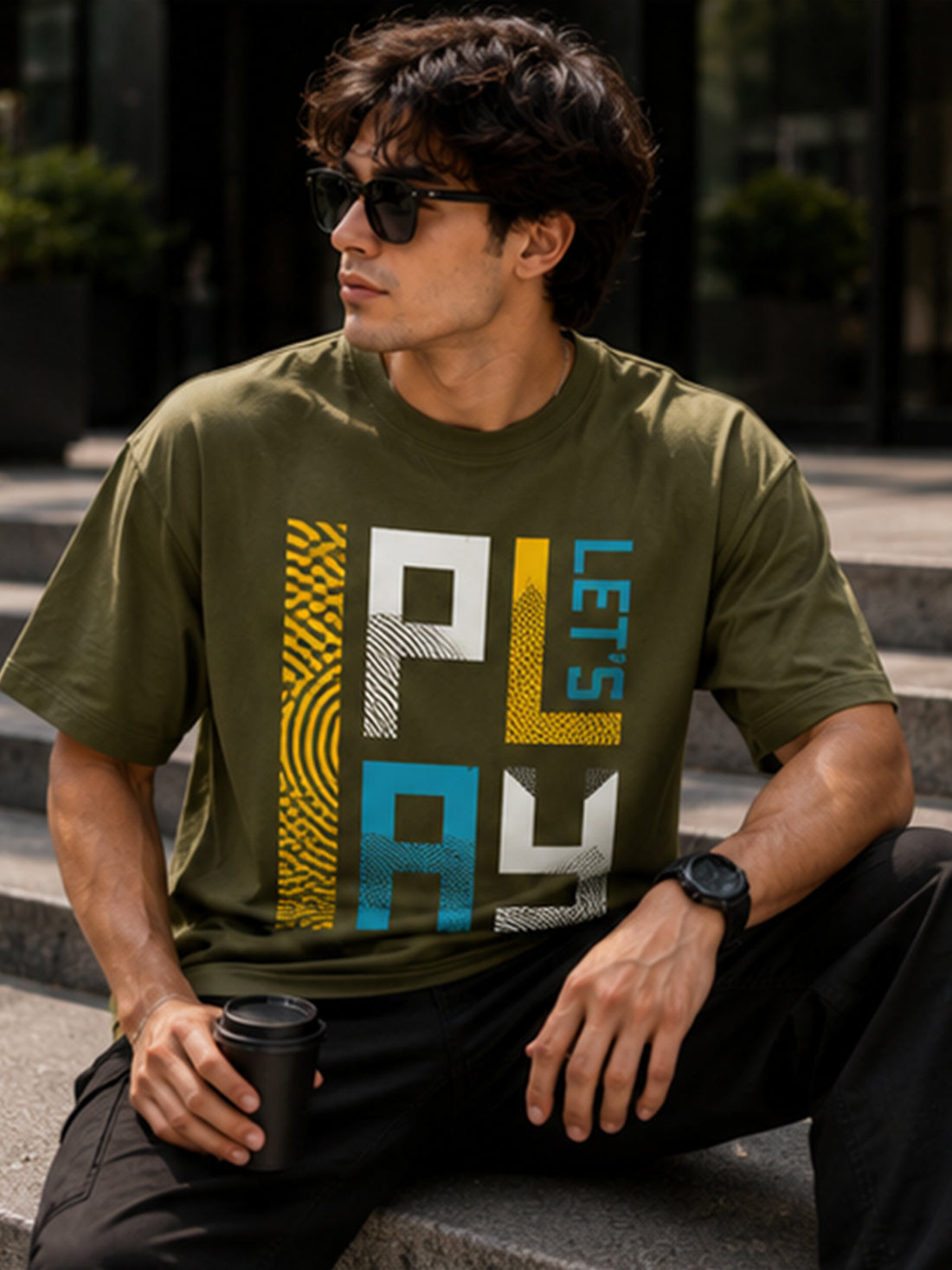 Men's Oversized Drop Shoulder T-Shirt | Pure Cotton Relaxed Fit Round Neck Streetwear Pullover Tee (Olive)