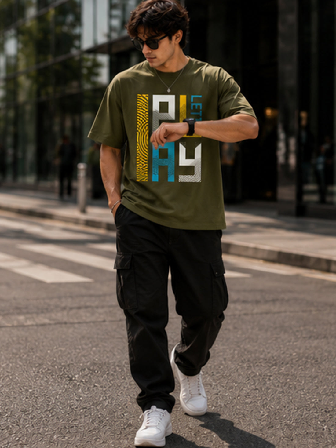 Men's Oversized Drop Shoulder T-Shirt | Pure Cotton Relaxed Fit Round Neck Streetwear Pullover Tee (Olive)