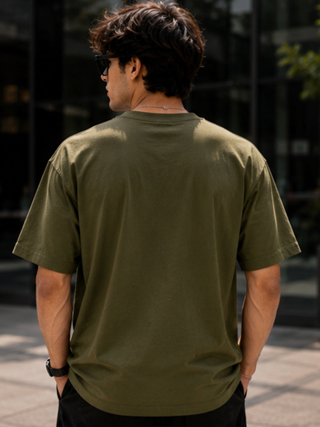 Men's Oversized Drop Shoulder T-Shirt | Pure Cotton Relaxed Fit Round Neck Streetwear Pullover Tee (Olive)