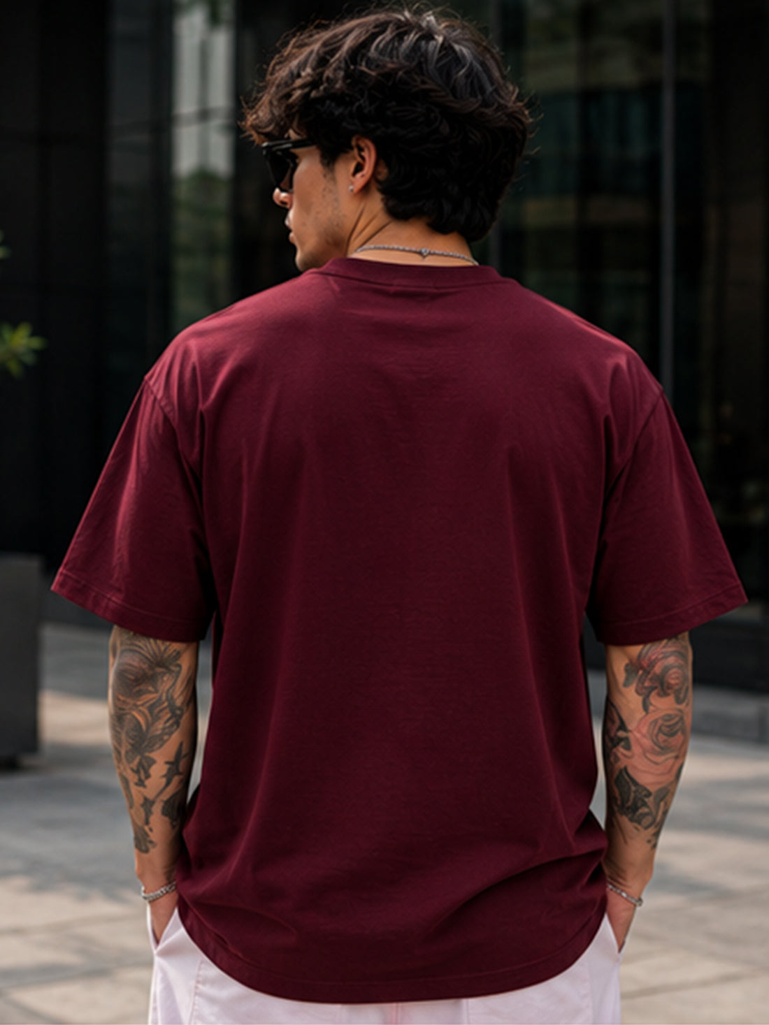 Men's Oversized Drop Shoulder T-Shirt | Pure Cotton Relaxed Fit Round Neck Streetwear Pullover Tee (Wine)