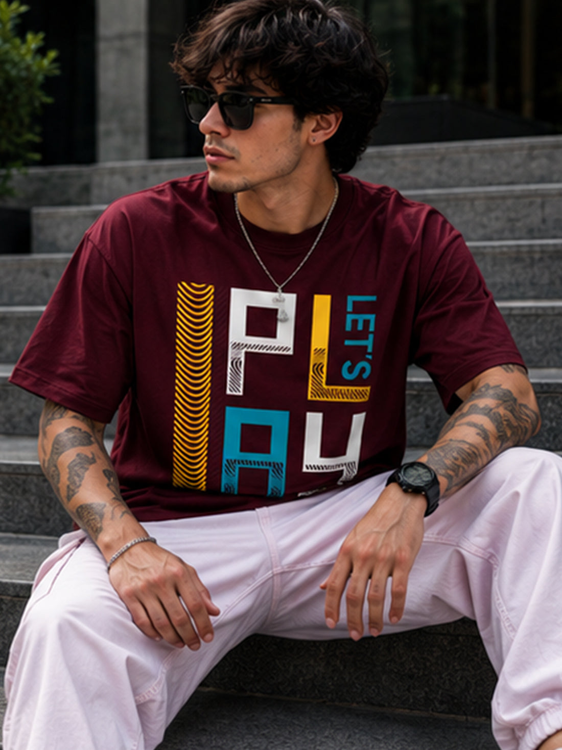 Men's Oversized Drop Shoulder T-Shirt | Pure Cotton Relaxed Fit Round Neck Streetwear Pullover Tee (Wine)