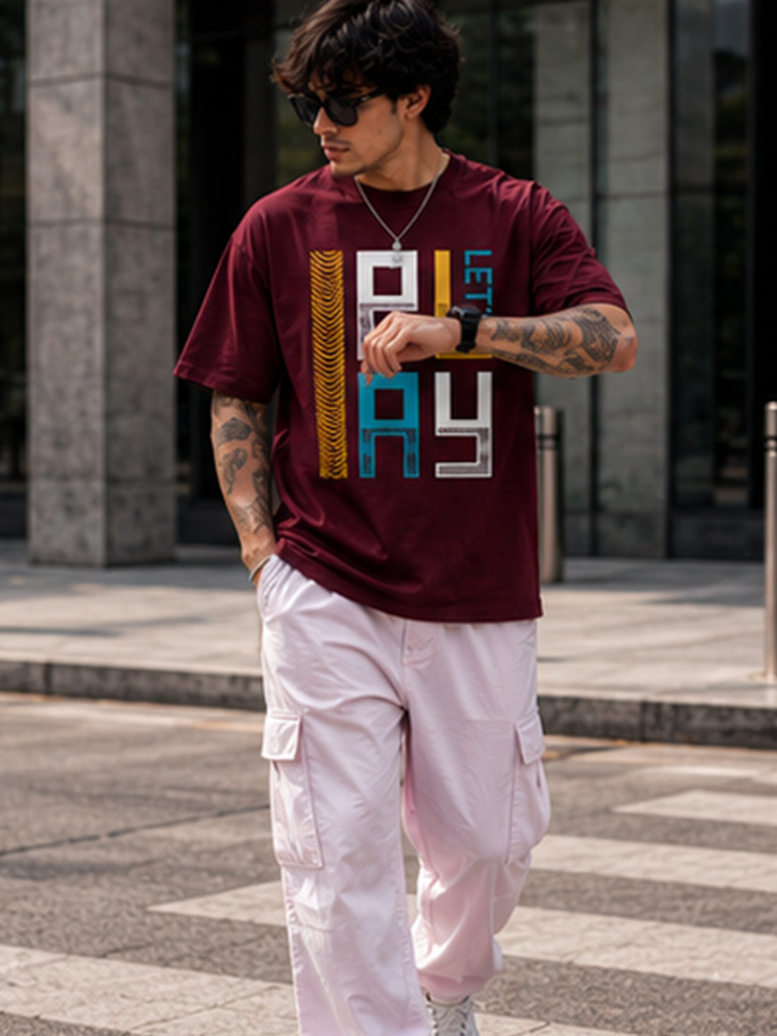 Men's Oversized Drop Shoulder T-Shirt | Pure Cotton Relaxed Fit Round Neck Streetwear Pullover Tee (Wine)