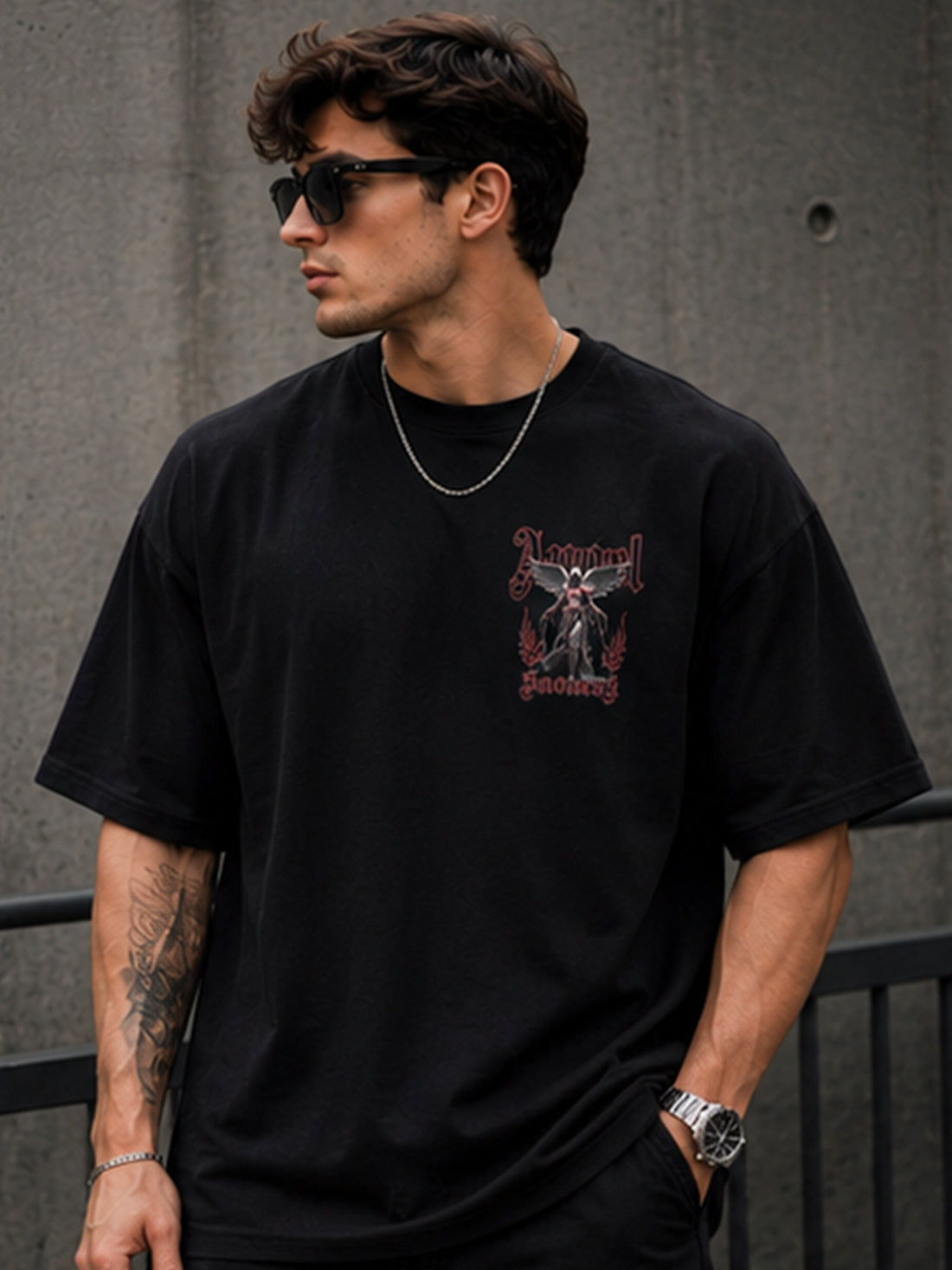 Men's Oversized Drop Shoulder T-Shirt | Pure Cotton Relaxed Fit Round Neck Streetwear T-Shirt (Black)