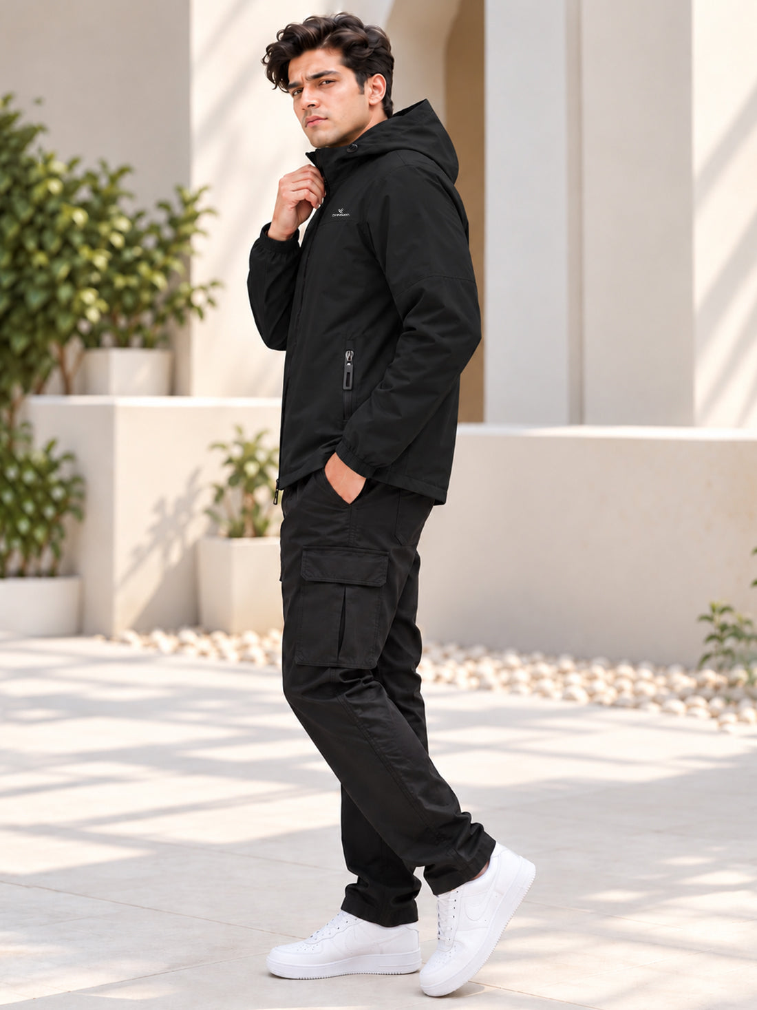 Men’s Black Hooded Windcheater Jacket with Mesh Lining