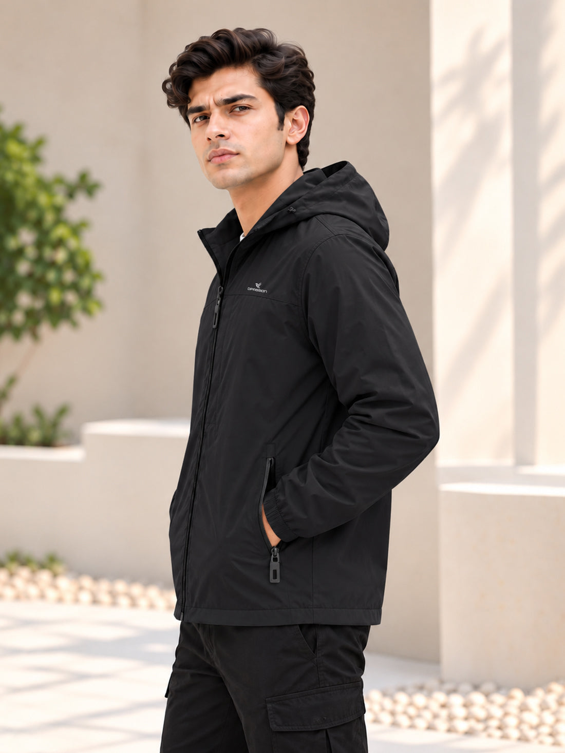Men’s Black Hooded Windcheater Jacket with Mesh Lining
