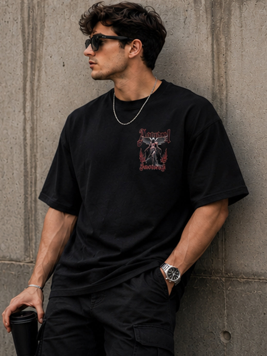 Men's Oversized Drop Shoulder T-Shirt | Pure Cotton Relaxed Fit Round Neck Streetwear T-Shirt (Black)